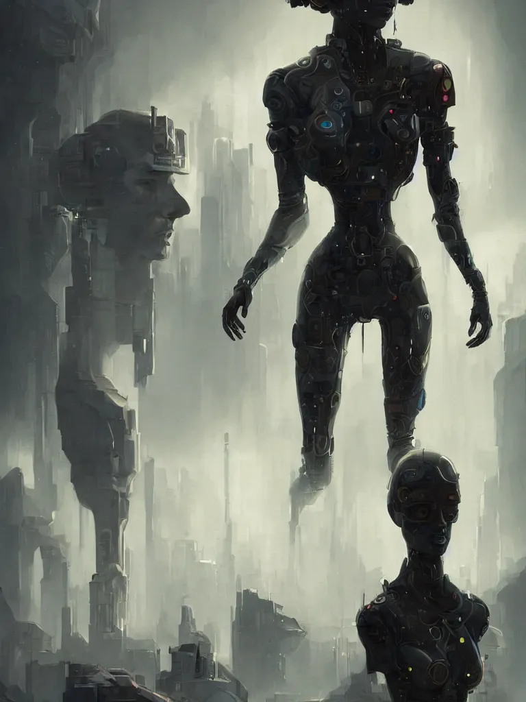 Image similar to a cyberpunk longshot portrait of one tall stunning african cyborg model, in the movie The Arrival, award-winning, masterpiece, in the style of Peter Mohrbacher