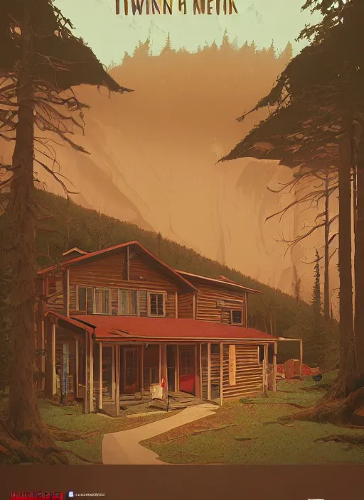 Prompt: Twin Peaks poster artwork by Michael Whelan and Tomer Hanuka, Rendering of empty cabin interior!!!!!!!, clean, from scene from Twin Peaks, full of details, by Makoto Shinkai and thomas kinkade, Matte painting, trending on artstation and unreal engine