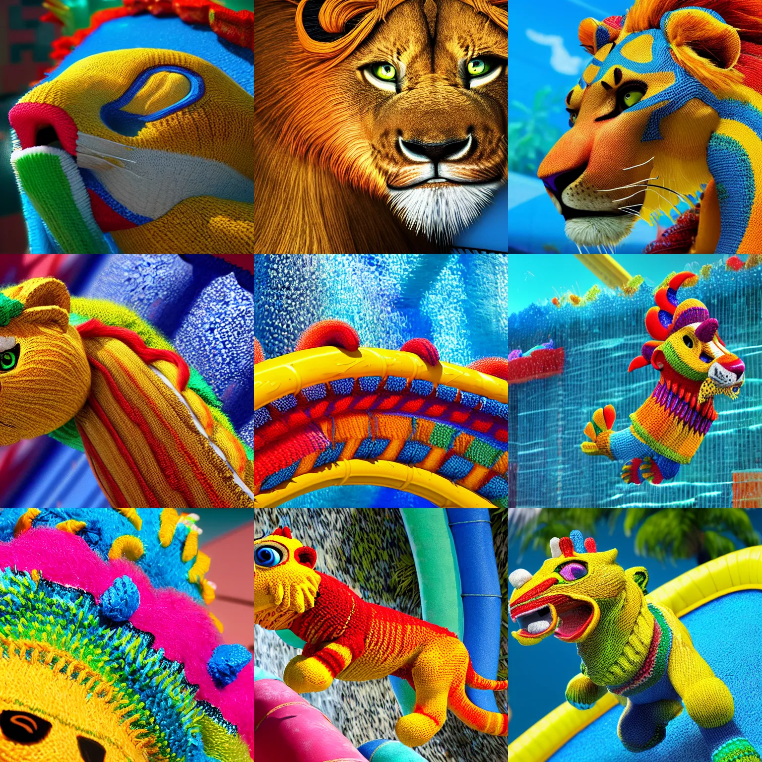 Prompt: a closeup photorealistic photograph of a colorful knitted barracuda themed lion dropping down a water slide. intricate stitching. professional capture. bright scene. this 4 k hd image is trending on artstation, featured on behance, well - rendered, extra crisp, features intricate detail, epic composition and the style of unreal engine.