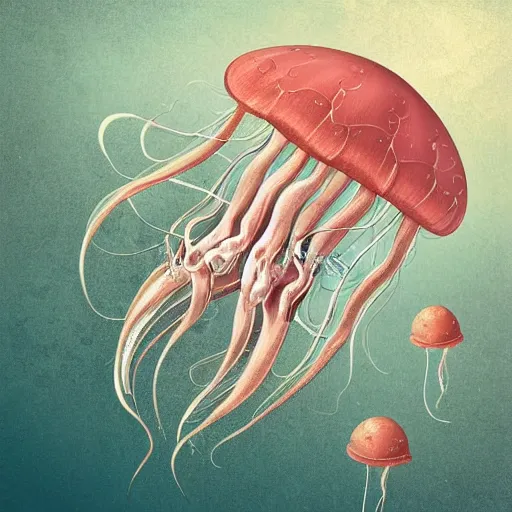 Prompt: hyperdetailed photorealistic! modern childrenbook illustration of a voluptuous! elegant! transparent!!! rose and white jellyfish, swimming in the ocean. enriched with interesting steampunk! flemish details. seen from the distance. transparent soft natural tones. matte background