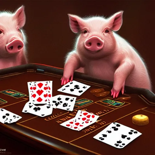 Prompt: cute pigs playing cards in a casino. detailed digital art by greg rutkowski, thomas kinkade and keith parkinson, artstation, cgsociety, 8 k, hd