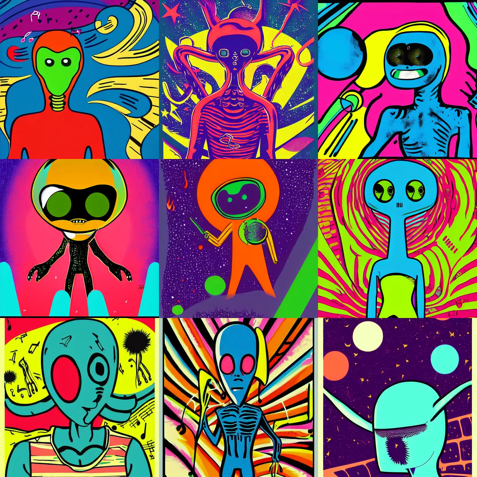 Prompt: alien wandering in a space full of music, pop art, illustration, colorful, vintage, 6 0 s
