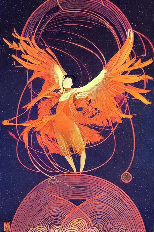 Image similar to victo ngai and lfons mucha painting of a phoenix in the sky, chinese style