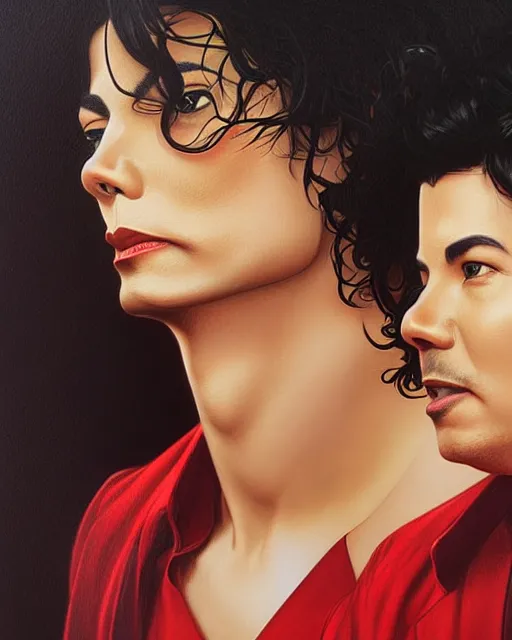 Image similar to Portrait of Michael Jackson & Michael Mcintyre in Ibiza,real life skin, intricate, elegant, highly detailed, artstation, concept art, smooth, sharp focus, art by artgerm and greg rutkowski and alphonse mucha