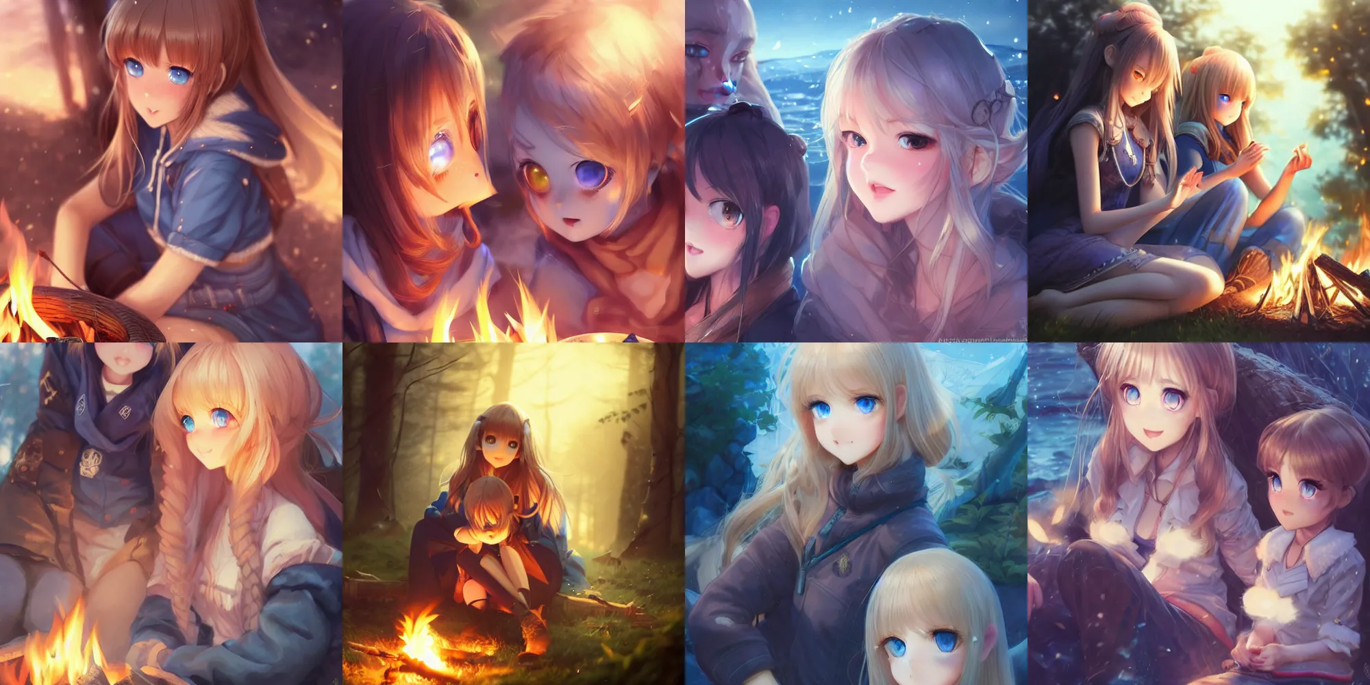 Prompt: extremely detailed blue eyes, full faces, very beautiful cute girls sitting around campfire at night, anime, fantastic details, trending on artstation, pixiv, hyperdetailed Unreal Engine 4k 8k ultra HD, Stanley Artgerm Lau, WLOP, Rossdraws, James Jean Marc Simonetti Ruan Jia and Mandy Jurgens and Artgerm and William-Adolphe Bouguerea Sakimichan, yuru camp, moe, illustration, digital art, concept art, manga cover