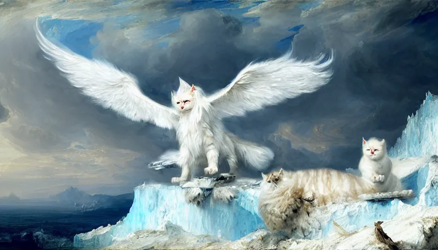 Image similar to highly detailed painting of white giant griffon cat bears with large feathered wings on a blue and white iceberg by william turner, by greg rutkowski, by william constable, thick brush strokes and visible paint layers, 4 k resolution