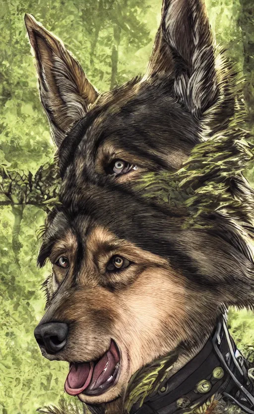 Image similar to close up character portrait icon of the german shepard beast - man military uniform head animal person wearing clothes standing in the bright forest, hidari, color page, tankoban, 4 k, tone mapping, akihiko yoshida