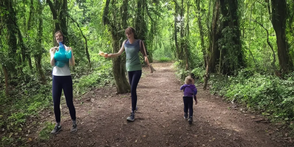 Image similar to going for a walk in the country eating leaves in the forest long arms. really long arms. very long arms, arms. drinking water from a stream