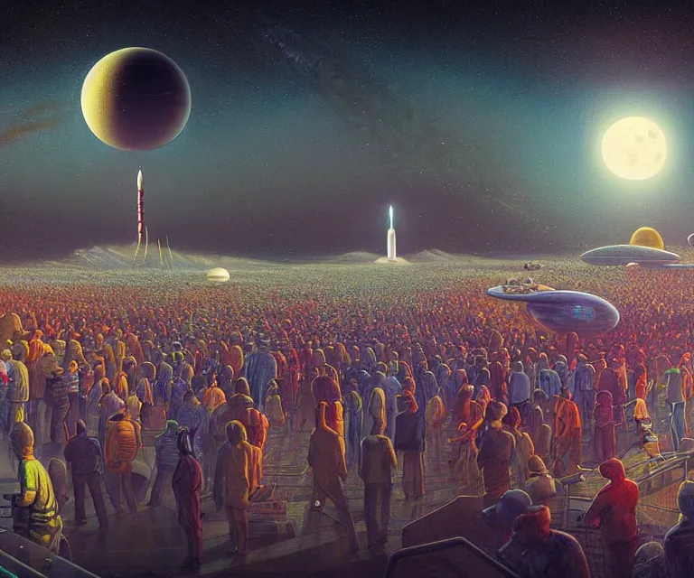 Image similar to hyper detailed 3d render like a Oil painting - crowds gather at a spaceport on a beautiful faraway planet to watch a rocket blast off, large moon in the dramatic starry alien sky, retrofuturistic science fiction vibe, by Jacek Yerka, Mariusz Lewandowski, Houdini algorithmic generative render, Abstract brush strokes, Masterpiece, Edward Hopper and James Gilleard, Zdzislaw Beksinski, Mark Ryden, Wolfgang Lettl, hints of Yayoi Kasuma, octane render, 8k