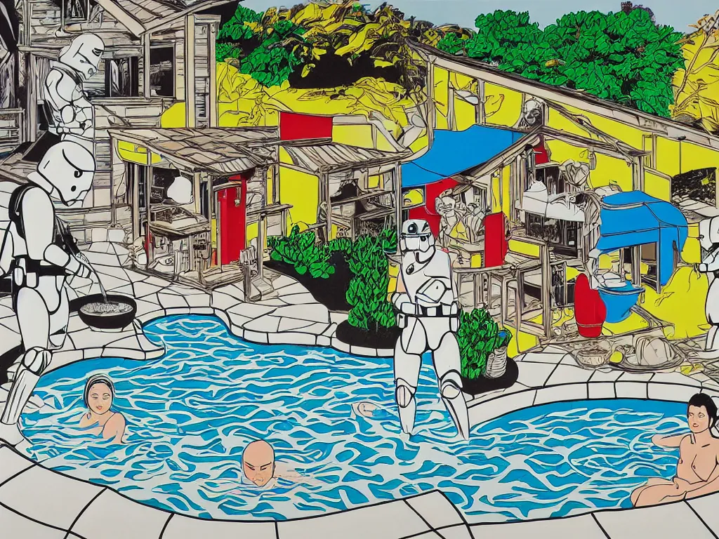 Image similar to hyperrealism composition of the japanese house with a hot springs in the garden, two detailed stormtroopers bathe in a hot spring, pop - art style, jacky tsai style, andy warhol style, roy lichtenstein style, round canvas, acrylic on canvas