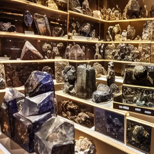 Prompt: A vast collection of precious minerals on display in a large museum.