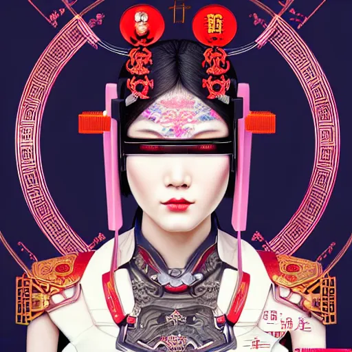 Image similar to a portrait of a female cyberpunk machine, machine face, upper half portrait, decorated with chinese opera motifs, asian, fine china, wuxia, traditional chinese art, intricate, elegant, highly detailed, symmetry, headpiece, digital painting, artstation concept art smooth sharp focus, illustration, art by artgerm and greg rutkowski alphonse mucha 8 k