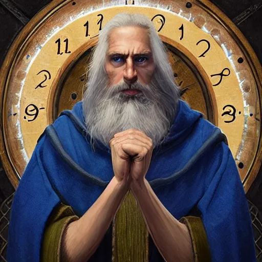 Prompt: Portrait of a middle aged elf, long beard, blue robes with clock iconography, olive skin and a raised fist, detailed face, cinematic lighting, highly detailed, digital art painting by greg rutkowski