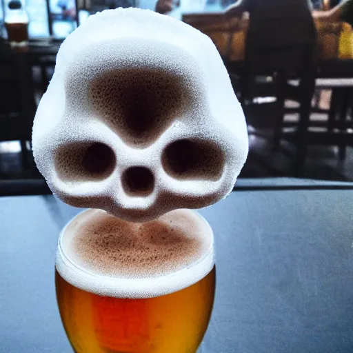 Prompt: shape of a skull in the foam at the top of my beer