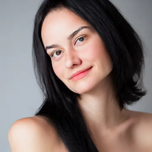 Image similar to young woman with shoulder - length messy black hair, slightly smiling, 1 3 5 mm nikon portrait