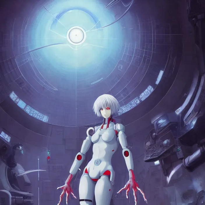 Image similar to Female Anime Character rei ayanami cyborg, giygas, epcot, inside a space station, eye of providence, Beksinski Finnian vivid Wojtek William to eye, hellscape, mind character, Environmental occlusion theme Jia, a William mans character, Artstation station female hyperdetailed with , rei ayanami