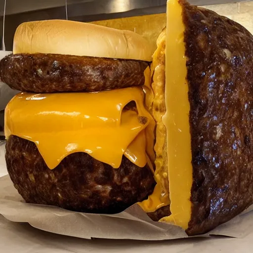 Image similar to a cheeseburger with 1 0 0 0 slices of cheese in it, overflowing with cheese, touching the ceiling