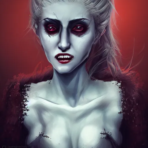 Image similar to a realistic head and shoulder professional portrait of a female vampire, painted in the style of bloodborne, interesting color use, vampire fashion, highly detailed, melancholy, vampire teeth