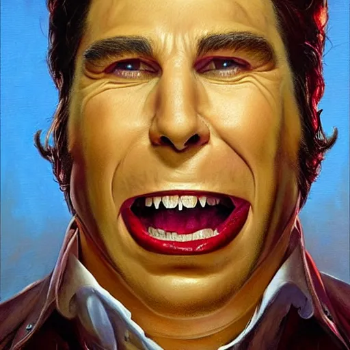 Prompt: portrait of john travolta being eaten by a giant hamburger. painting by karol bak, greg hildebrandt, and mark brooks, hauntingly surreal, gothic, rich deep colors, horror macabre