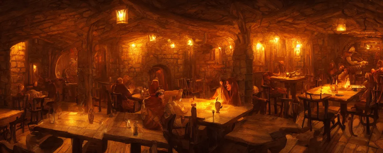 Prompt: Medieval tavern interior cozy in the style of michael whelan, warm colors, firelight, 4:3 aspect ratio, hyper realistic, fantasy art, artstation