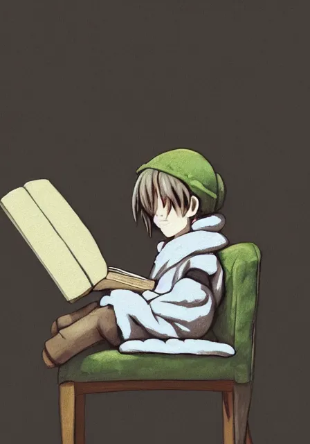 Image similar to beautiful little boy wearing sheep suit reading a book while sitting on chair, gray, blue, green and brown pallet color. made in abyss art style, inspired in kris from deltarrune, cute detailed artwork, anatomically correct, soft details, ilya kuvshinov, reflection, perfect composition, mobile wallpaper, low lighting