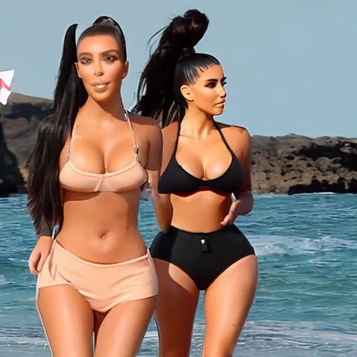 Image similar to kim kardashian fights ariana grande on hot sunny beach