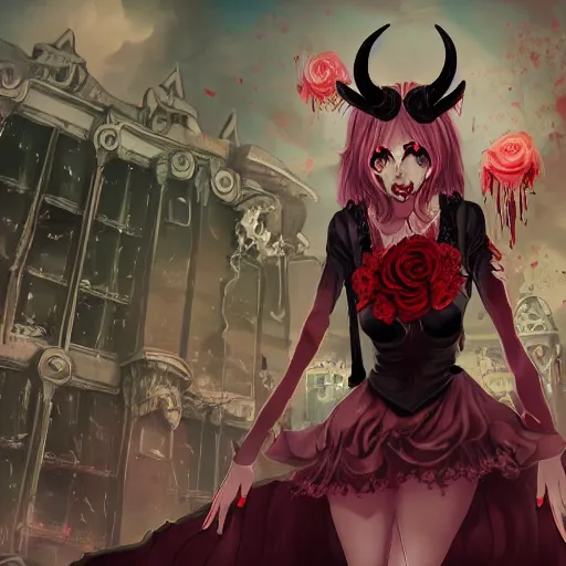 Prompt: super mad demon girl with demon horns in a pretty black dress and blood on it with a rose in her hand in front of a dystopia city, beautiful high detail photo