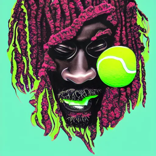 Image similar to snoop dogg tennis ball monster ,tennis ball, digital art, smoke, fantasy,chalk, magic, trending on artstation, ultra detailed, professional illustration by Basil Gogos