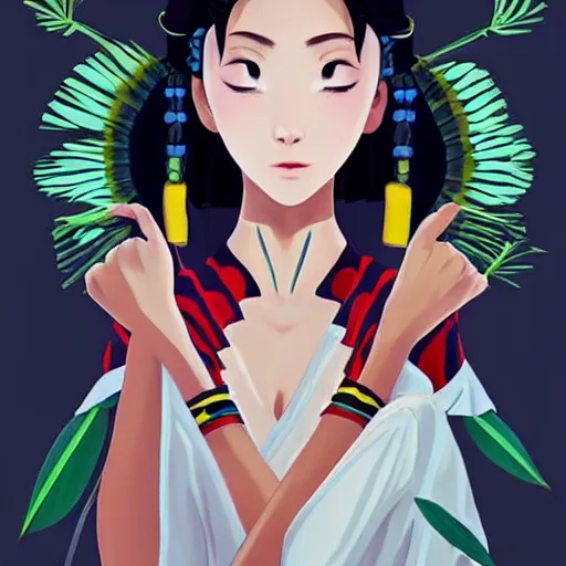 Image similar to a beautiful young japanese prima ballerina alluring gravure model, stylized concept art, wearing elegant costume mesoamerican patterns, mesoamerican native street fashion, princess mononoke, painted by ilya kuvshinov aesthetic, gorgeous, stunning, alluring, attractive, artstation, pinterest, digital art.