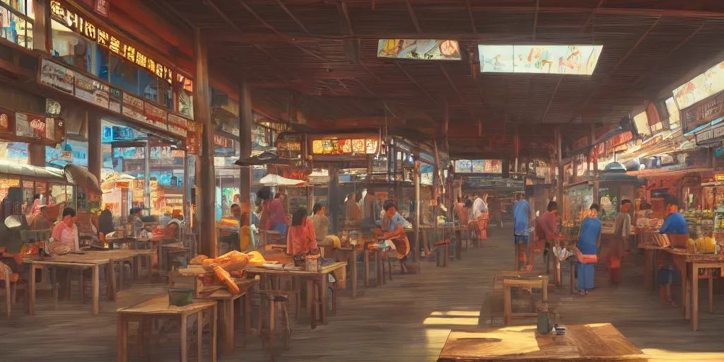 Image similar to interior of a kopitiam at pulau indah fishing village, near a jetty, early morning, hyperrealistic, detailed matte painting, low angle view, telephoto lens, bokeh, studio ghibli, artstation