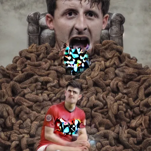 Prompt: hyper realistic rendering of Harry Maguire from manchester united sitting on a throne made of dog poo. octane render, very colorful, vibrant, cinematic, amazing details.