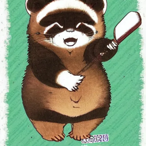 Prompt: cute chibi tanuki yokozuna