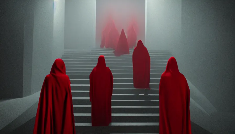 Image similar to figures in red cloaks ascend huge creepy fantasy stairs, photorealistic rendering, cinematic, movie still, by denis villeneuve, volumetric magical lighting