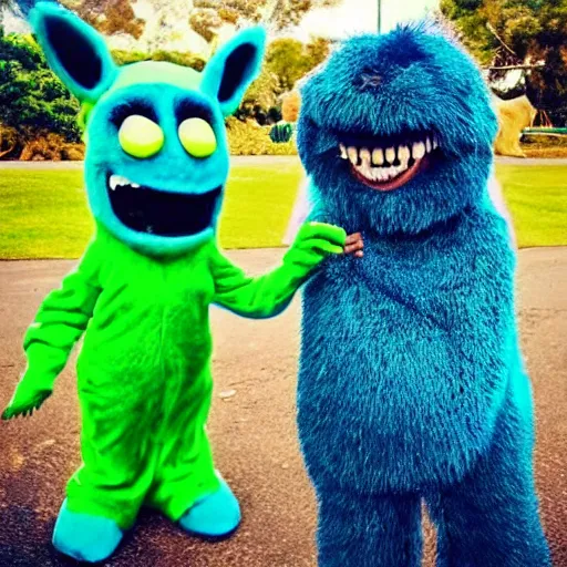 Prompt: “ green alien with yellow shirt and blue pants standing next to a blue furry monster and making silly faces ”