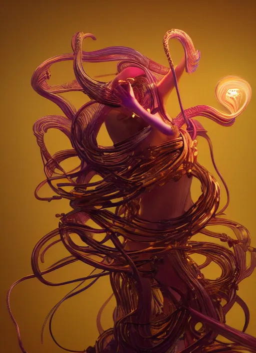 Prompt: subsurface scattering, medusa made of soft wax, cgsociety, translucent, wooden art nouveau swirls, colored smoke, gold cables, electricity, tubes, in the style of ruan jia and beeple and giger, mystical colors, back light, rim light, dramatic lighting, 8 k, stunning scene, raytracing, octane render