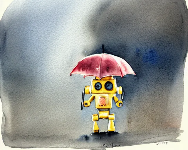 Image similar to a cute little robot holding an umbrella in the rain. gray sky, rain clouds, heavy rain. watercolor painting by jean - baptiste monge, muted colors