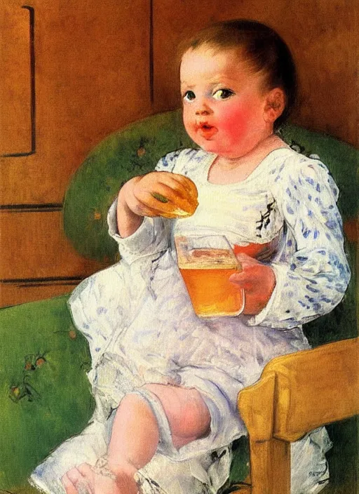 Prompt: vintage beautiful painting of baby drinking a pint after a long day at the bar in Mary Cassatt style