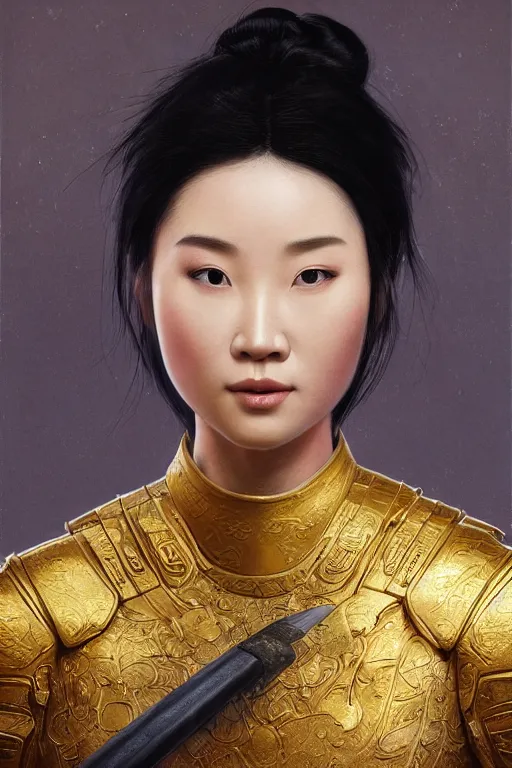 Prompt: realistic detailed painting of Mulan wearing sculpted textured golden armor, close her eye, battle damage, intricate complexity, close-up of the front of the face, super sophisticated texture, resolute expression, back lighting, 4K resolution, symmetric, clear facial features, golden ratio, by Ruan Jia and Mandy Jurgens and William-Adolphe Bouguereau, Karol Bak, smooth, sharp focus, rich deep colors, Unreal Engine 5, digital render, intricate, ultra realistic, concept art,