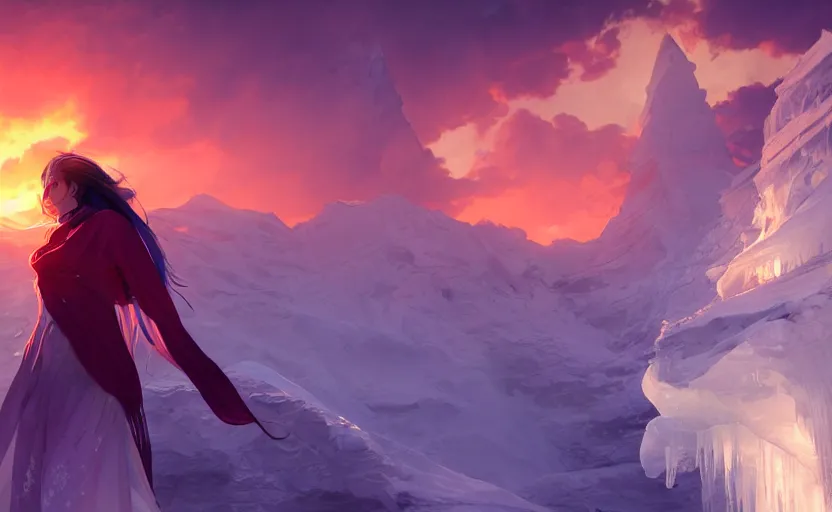 Prompt: Himalayan in an ice temple, beautiful flowing fabric, sunset, dramatic angle, dynamic pose, 8k hdr pixiv dslr photo by Makoto Shinkai ilya kuvshinov and Wojtek Fus