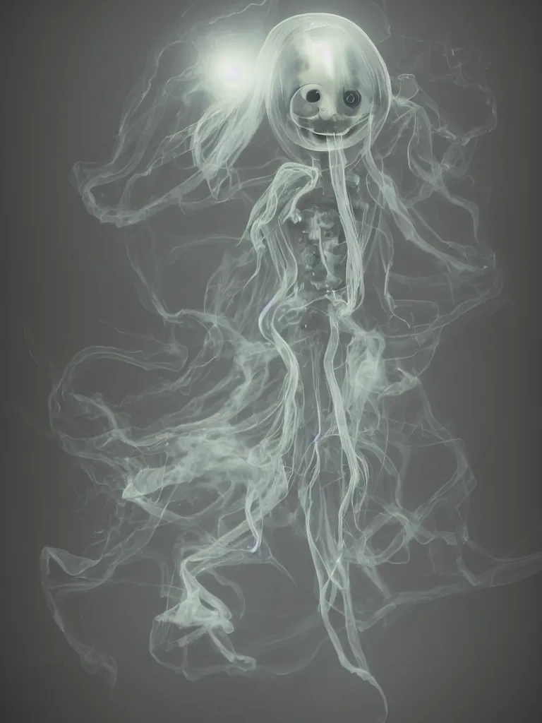 Prompt: cute fumo chibi plush beautiful ectoplasmic gothic skeletal jellyfish ghost girl, glowing milky wisps of hazy smoke and volumetric fog, lens flare, subsurface scattering, vignette, asymmetry, bokeh, refraction, vray