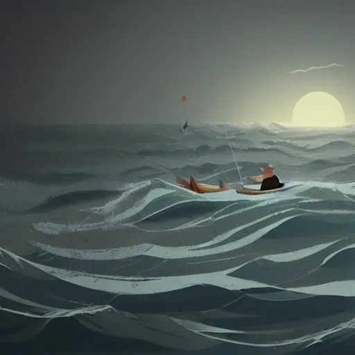 Image similar to Some fishermen struggling not to sink in a small sailboat in the middle of the furious raging ocean, ilustration art by Goro Fujita