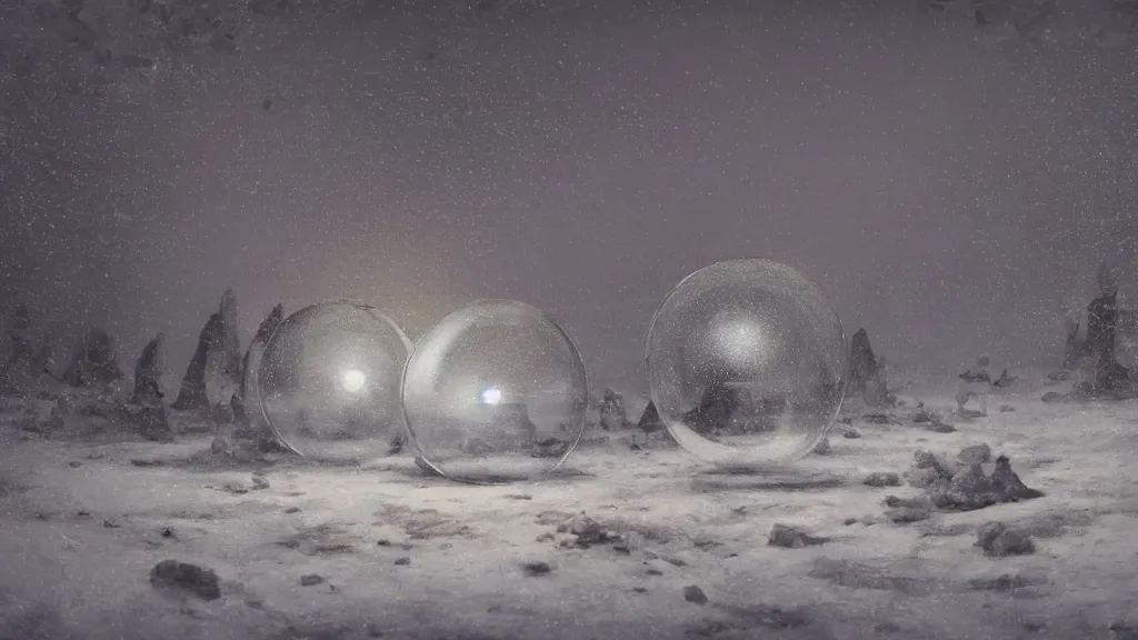 Prompt: a surreal dreamlike scene of transparent spheres containing miniature cities floating over a barren snowy landscape, somber melancholic matte painting, highly detailed oil painting, liminal space, 8k, stillness, solitude, icy cold pale silent atmosphere, masterpiece