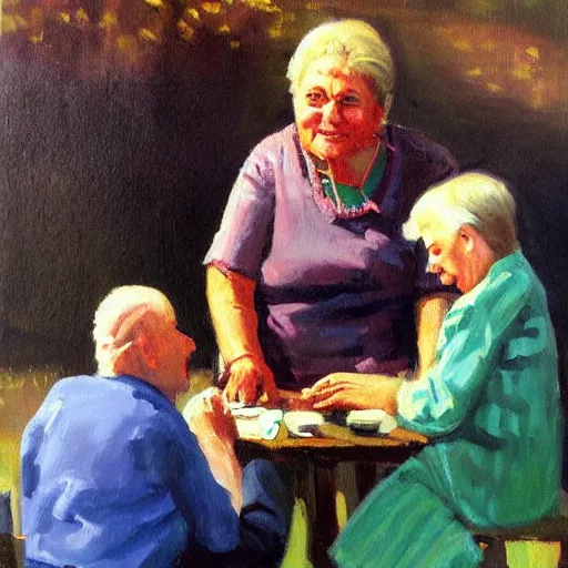 Prompt: child giving old people economic advice oil painting