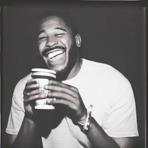 Image similar to retro 90s granular polaroid outdoors photo of an African American rapper, laughing, drinking from a plastic cup, flash photography, image artifacts