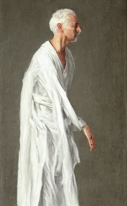 Image similar to say who is this with silver hair so pale and wan! and thin? flowing hair covering front of body, white robe, white dress!! of silver hair, covered!!, clothed!! lucien levy - dhurmer, fernand keller, oil on canvas, 1 8 9 6, 4 k resolution, aesthetic, mystery