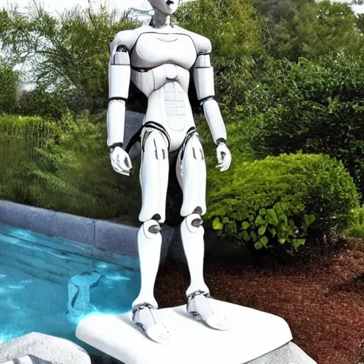 Prompt: a realistic detailed photo of a guy who is an attractive humanoid who is half robot and half humanoid, who is a male android, wrestler aj batista, shiny skin, posing like a statue, blank stare, by the pool, on display, showing off his muscles, humanoid robot, frozen ice statue