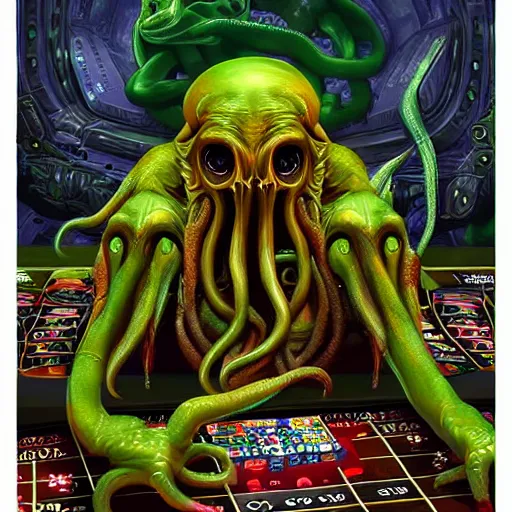 Prompt: digital art of cthulhu playing in a casino, realistic, highly - detailed, artstation cgsociety masterpiece