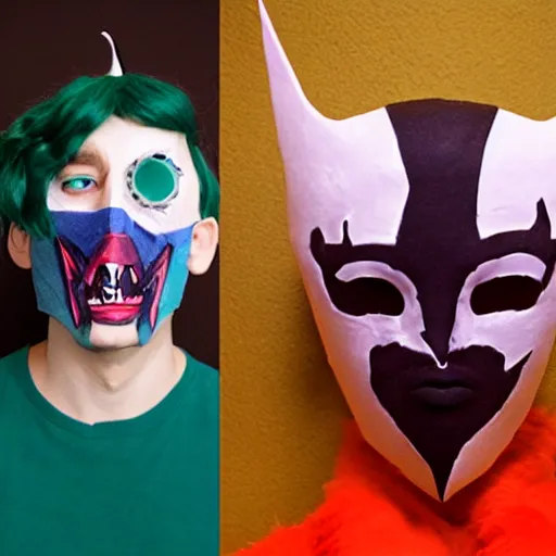 Image similar to surrealist masks, ethnographic photo, homestuck cosplayers, demonic cryptid