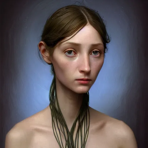 Image similar to A young beautiful female alien face with a very long neck, big eyes, very thin nose, big lips, hair made of wire cables:: alien is from the future, Realistic, Refined, Detailed Digital Art, Oil Painting, William-Adolphe Bouguereau, Pre-Raphaelite,Renaissance, Highly Detailed, Cinematic Lighting, Unreal Engine, 8K