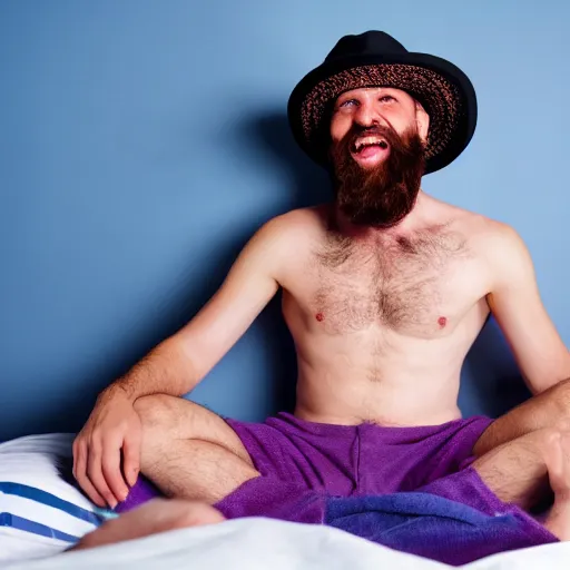 Prompt: shirtless man in thirties big beard sitting legs crossed on bed laughing smoking a joint wearing a fedora photo 4k resolution dramatic lighting led lights blue pink purple